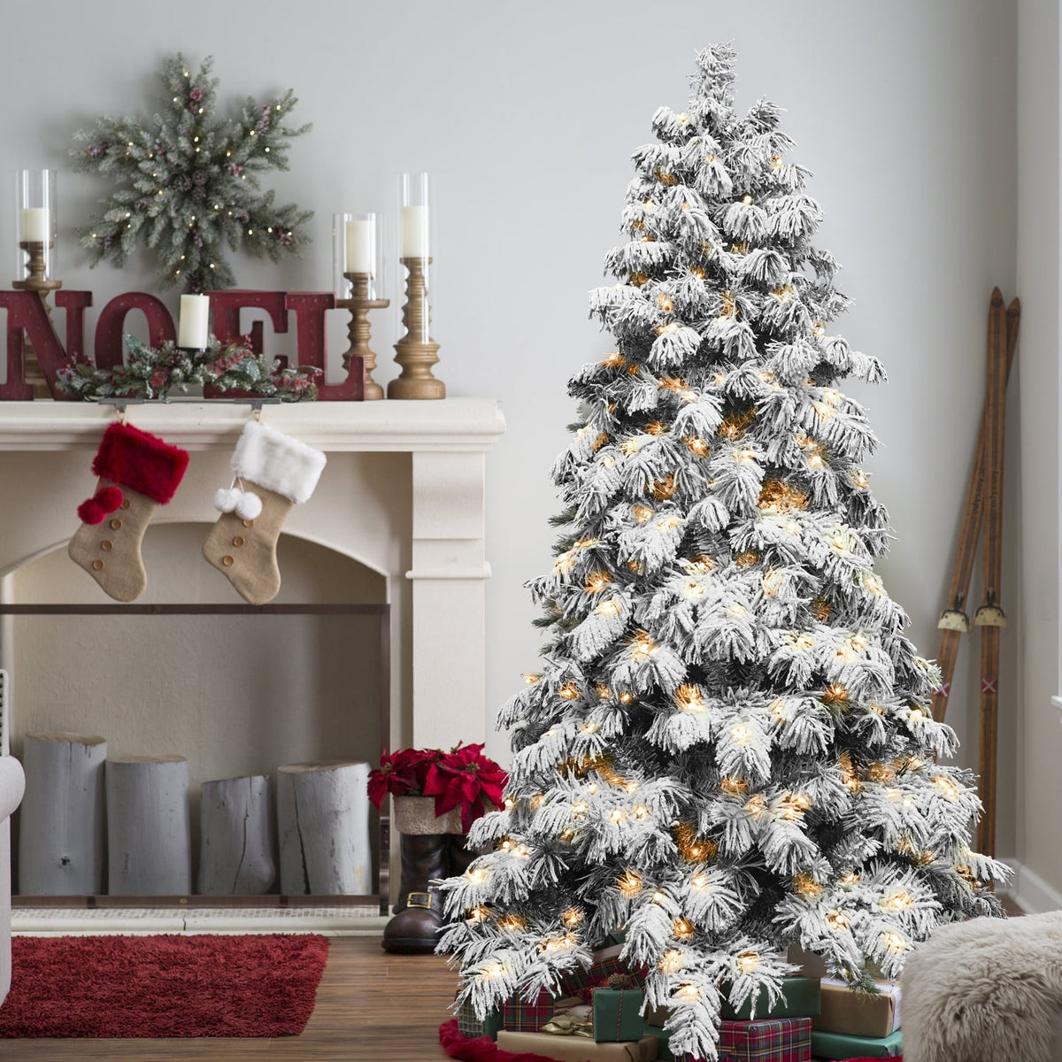 8 Ft Flocked Scarecrow-Shaped Christmas Tree with 470 Warm White LED Lights, 1242 PVC Memory Wire Tips,Power Pole & Hinged Structure , Realistic Snowy Holiday Tree