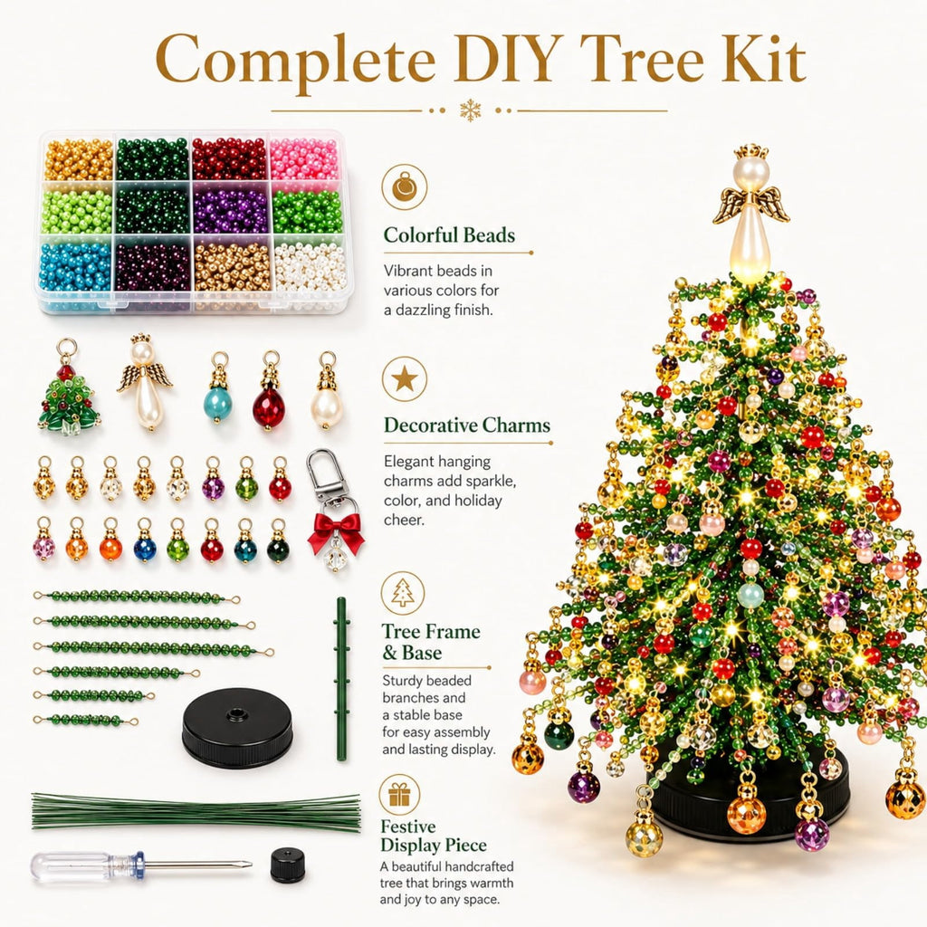 HIJUNE DIY Beaded Christmas Tree Kit, Crystal Holiday Craft Set for Adults, Colorful Beads, Ornament Charms, Metal Frame, Angel Topper, Warm Glow Display, Tabletop Decor