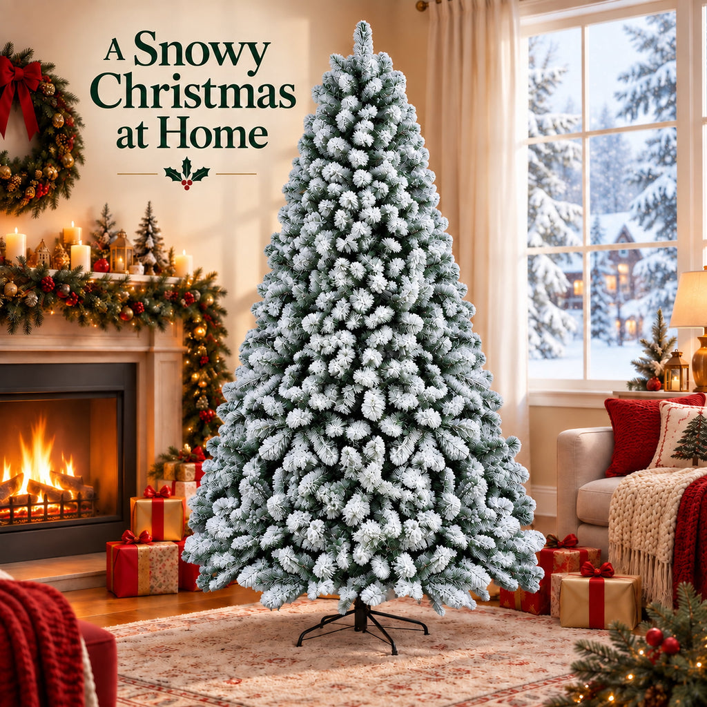 SUGIFT 7.5ft Artificial Snow Flocked Christmas Tree, 1450 Branch Tips, Unlit Holiday Decor with Metal Stand