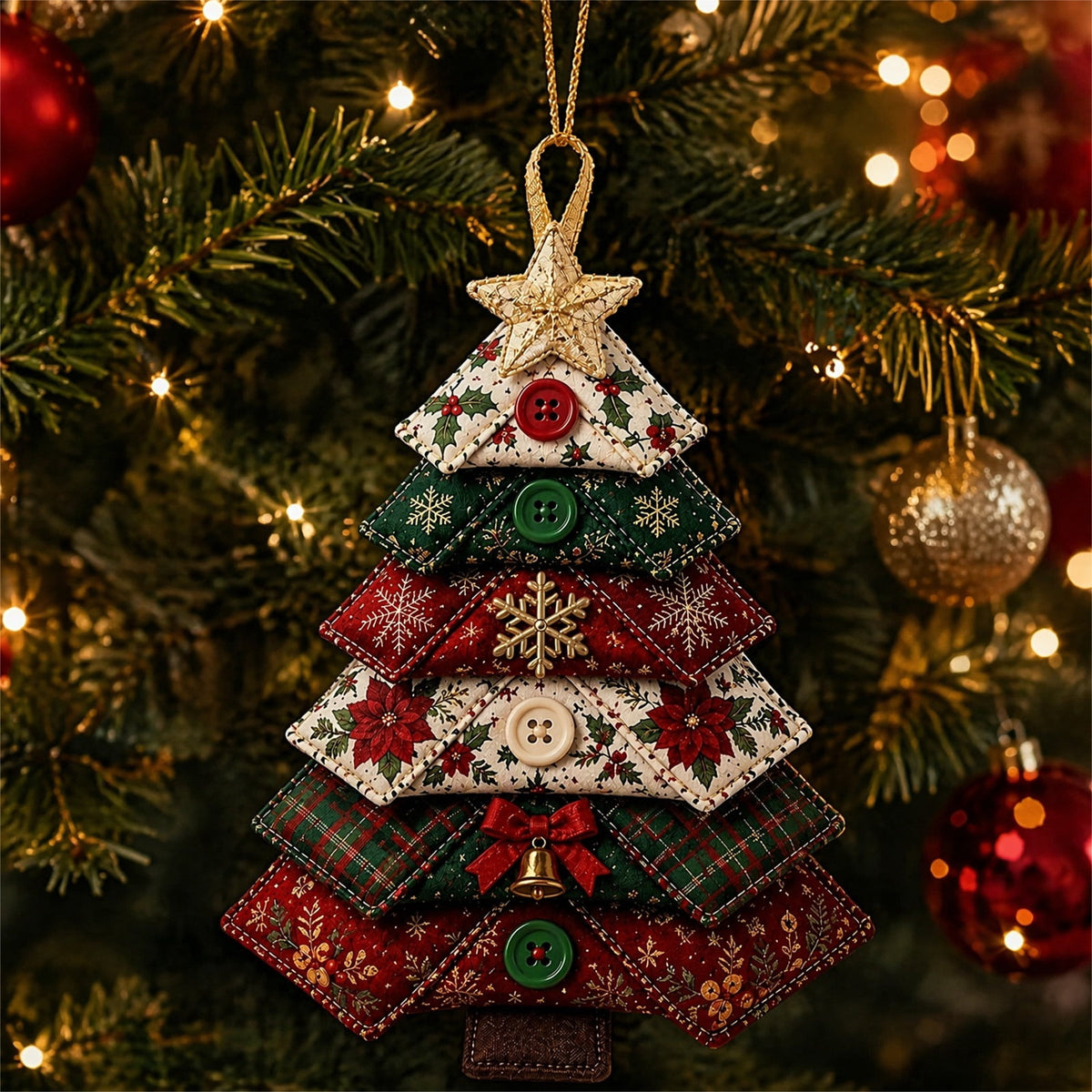 6 Pack Quilted Fabric Christmas Tree Ornament DIY Craft Set, Patchwork Xmas Tree Hanging Decoration with Buttons & Star for Farmhouse Holiday Decor