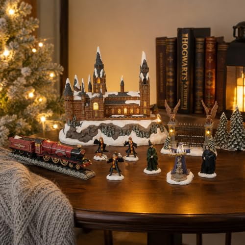 Moments In Time Harry Potter Christmas Village Set 10 Piece Lighted Castle Display Express Train, Gate, Trees and Character Figurines, Holiday Village Collection, Christmas Tabletop Home Decor