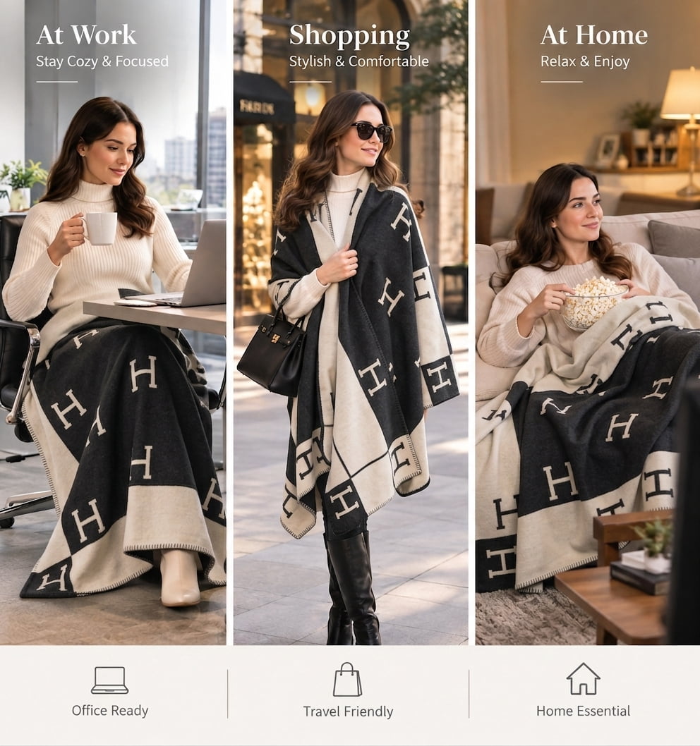 H Blanket Throw Blanket, Wool Blend Ultra Soft Warm Decorative Knit Black Blanket for Couch, Bed & Travel Christmas Thanksgiving Gift for Woman, 53" x 69"