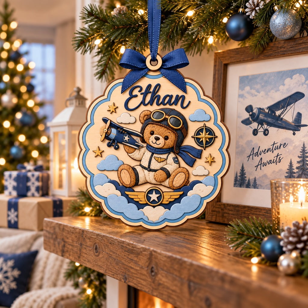 Wooden Ornament, Pilot First Christmas Personalized Tree Hanging Gift for Aviation Family