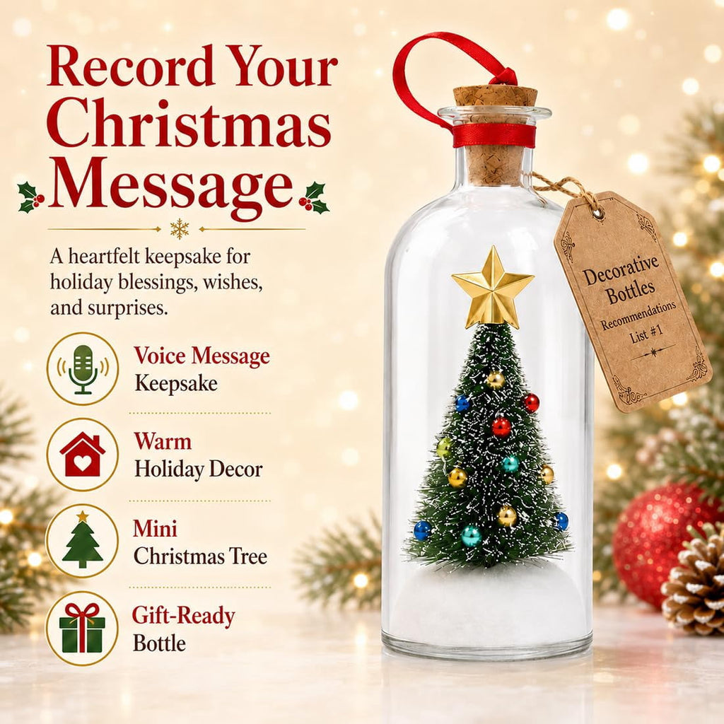 Recordable Christmas Tree in a Bottle Ornament, Record a Message 30-Second Voice Recording Keepsake, Glass Decoration with Snowy Mini Tree for Mantel