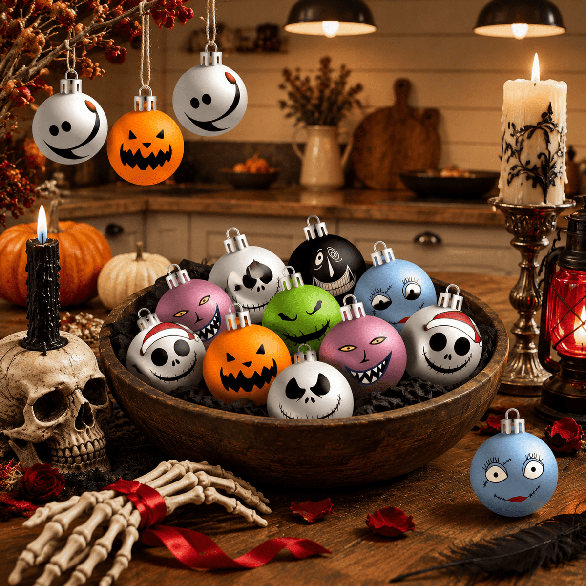 16-Piece 2.36 Inch Spooky Christmas Ornament Ball Set, Jack and Sally Gothic Theme